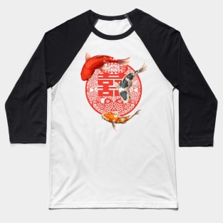 Double Happiness Koi Fish Bright Red and Orange - Hong Kong Retro Baseball T-Shirt